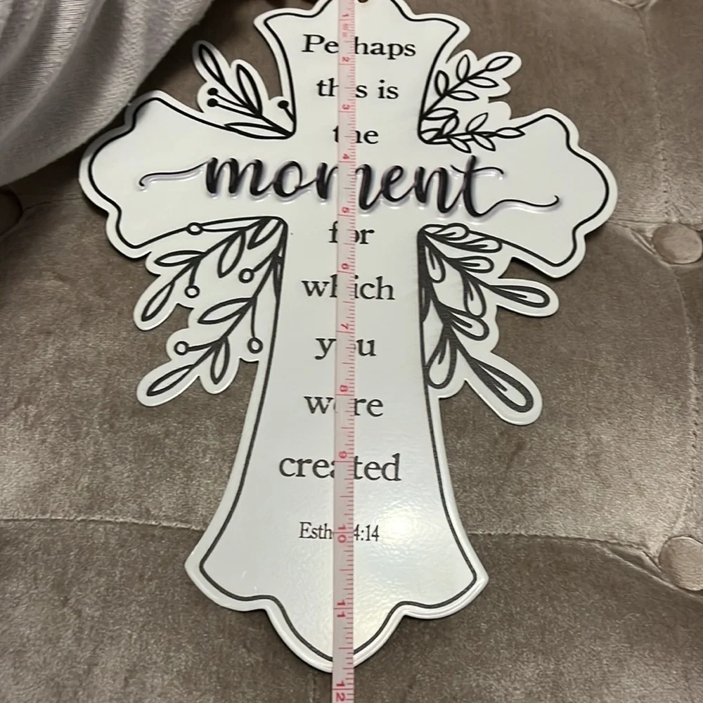 White metal cross wall art, black lettering, new